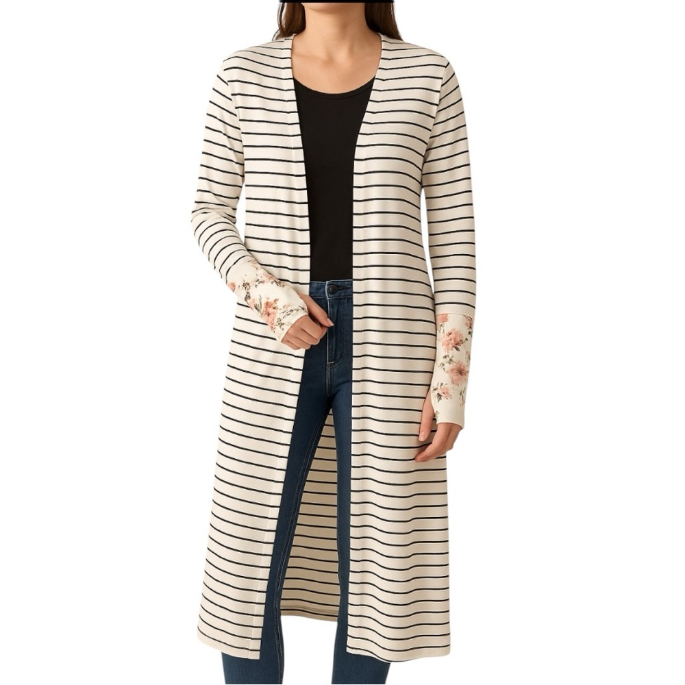 Reborn J Floral Stripe Duster Cardigan XL Open Front Thumbhole Sleeve Boho